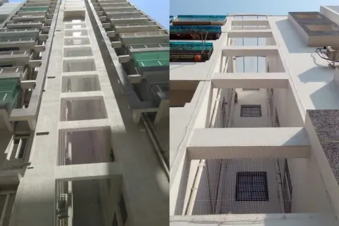 Duct area nets fitted across the service shafts of apartment buildings