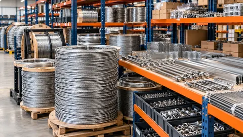 Coils of stainless steel invisible grill wire beside racks of aluminium tracks and bins of bolts and fittings