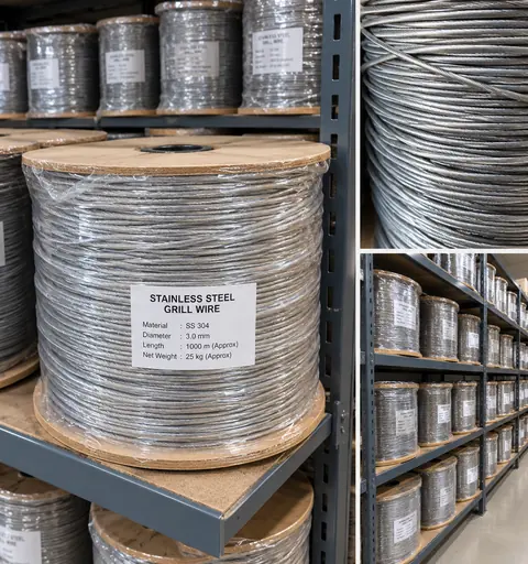 Spools of stainless steel grill wire stacked on warehouse shelving